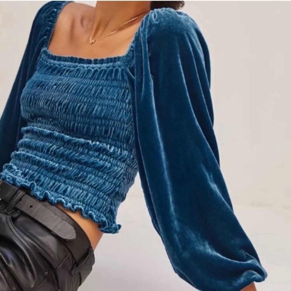 NWT Anthropologie Velvet Smocked Top Teal Blue Size S